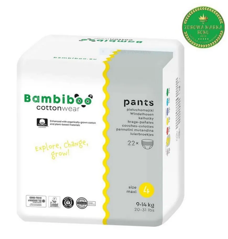 Bambiboo Cottonwear Jednorazowe pieluchomajtki z bawełną organiczną, rozmiar 4 Maxi (9‑14 kg) 22 szt.