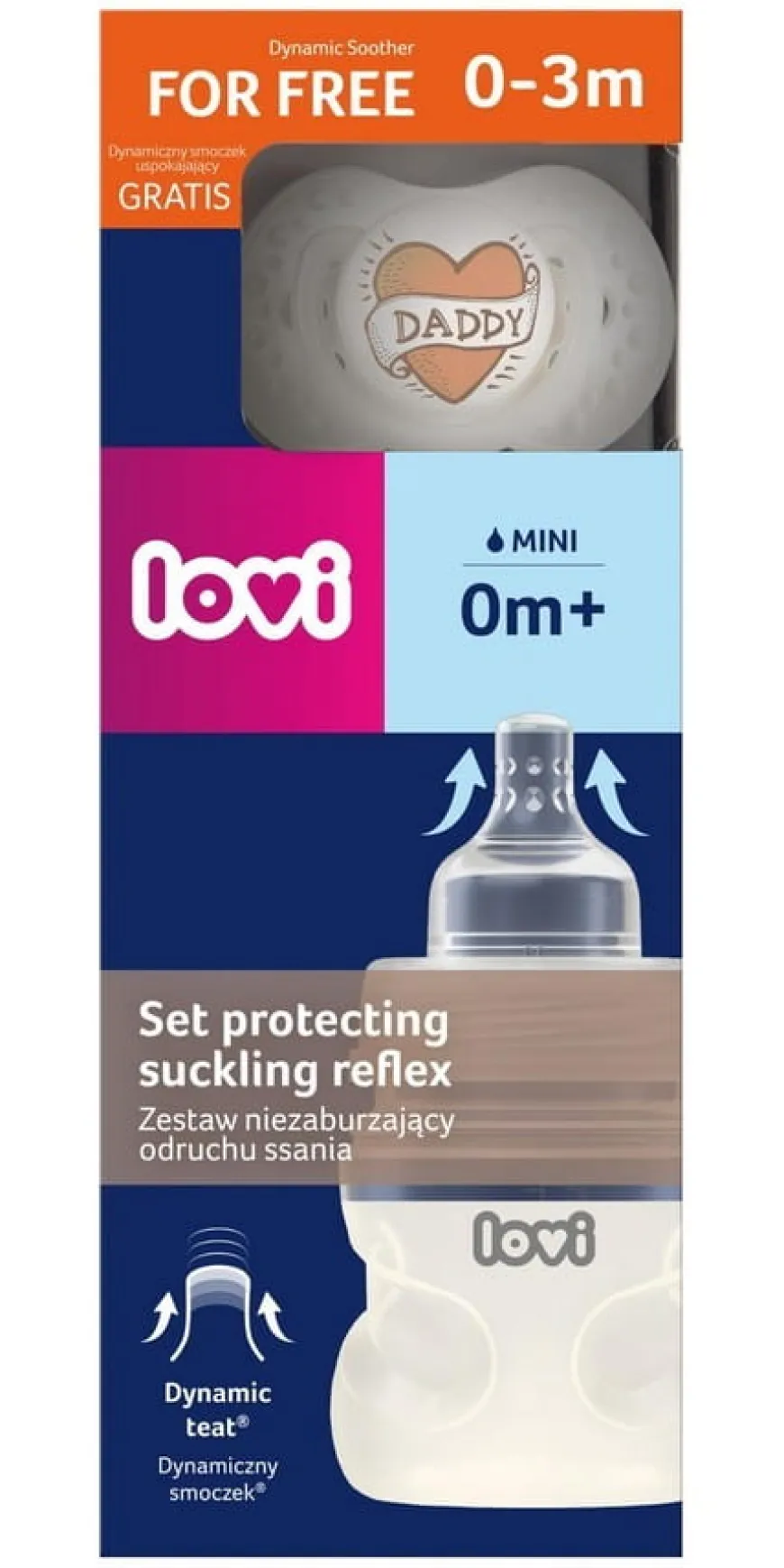 Butelka Lovi 150 ml nie zaburzająca odruchu ssania + smoczek Love Daddy