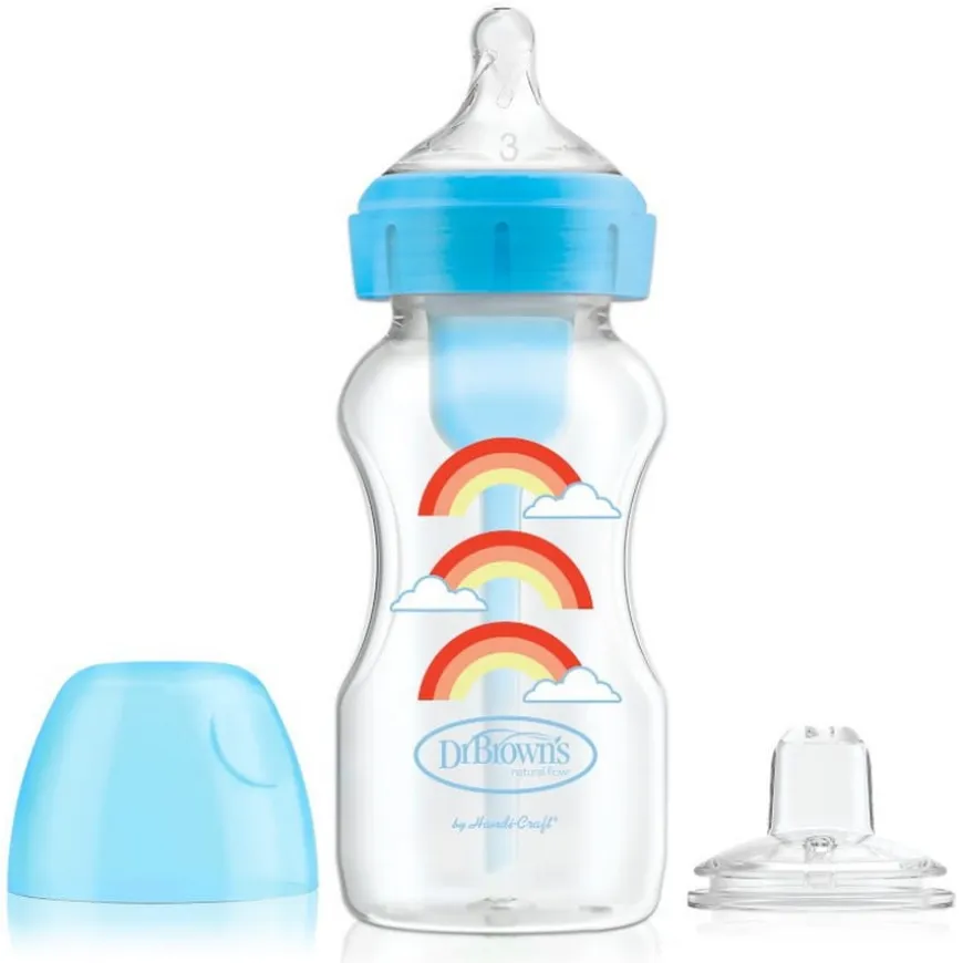 Butelka z szeroką szyjką 270ml dekorowana niebieska OPTIONS PLUS 6 m+ z ustnikiem niekapkiem | Dr.Brown's
