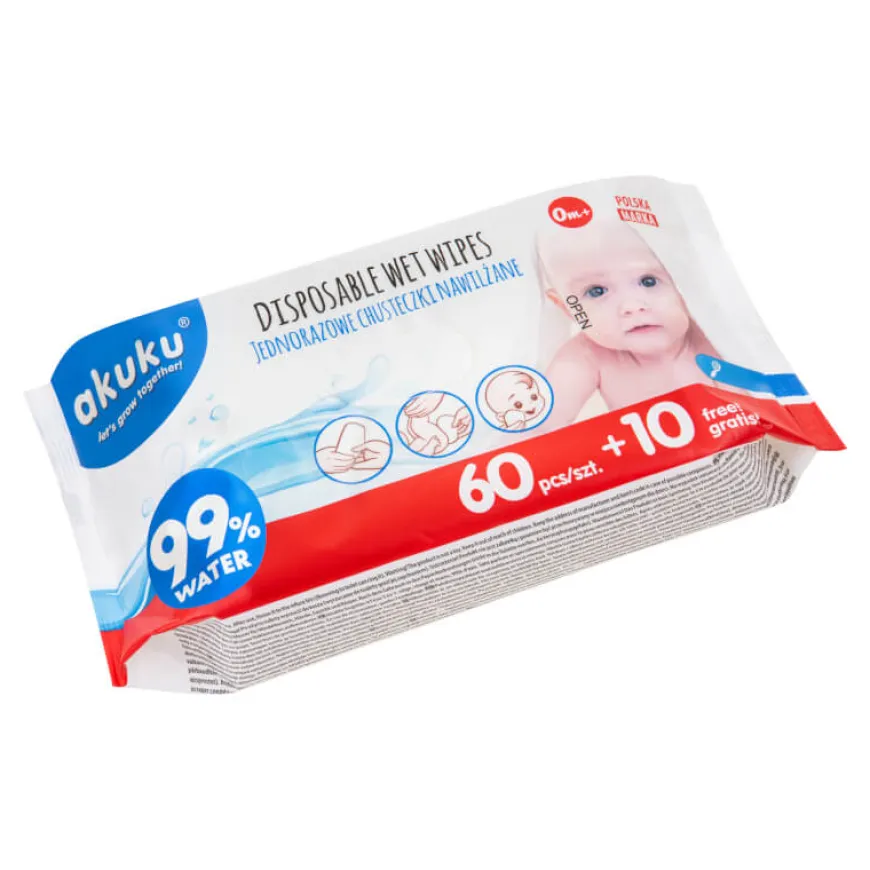 Chusteczki nawilżane 99% wodą, jednorazowe dla dzieci - Akuku