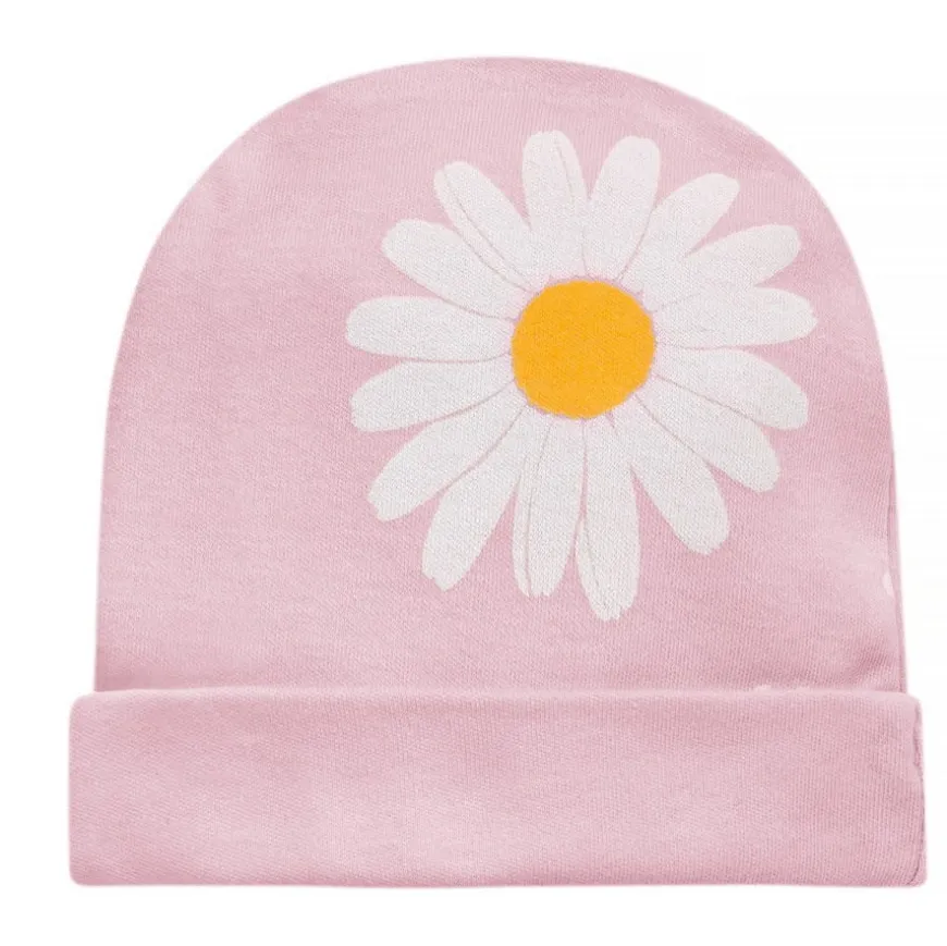Czapka bawełniana dla niemowlaka wywijana różowa w stokrotki - Daisy | Pinokio