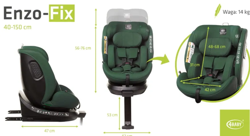 Fotelik samochodowy z obrotową bazą ENZO-FIX 40 - 150cm DARK GREEN I-SIZE 4BABY