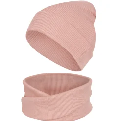 Komplet czapka z kominem dla niemowląt i dzieci, Blush Prążek - Dolce Sonno