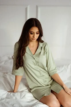 Koszula nocna na guziki z kołnierzykiem Elena/Szałwia - Dolce Sonno
