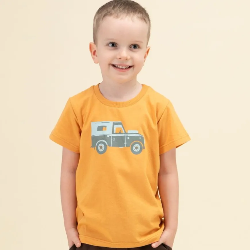 Koszulka z krótkim rękawem T-shirt dziecięcy miodowy z autkiem - Safari Pinokio