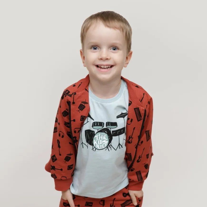 Koszulka z krótkim rękawem T-shirt dziecięcy niebieski z perkusją - Let's Rock | Pinokio