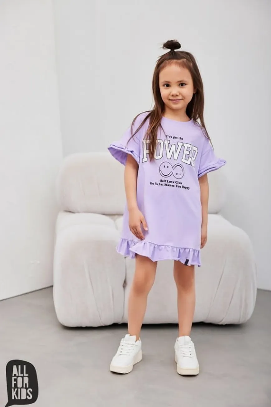 Letnia, fioletowa sukienka dla dziewczynki z napisem "I've got the power" - All for Kids