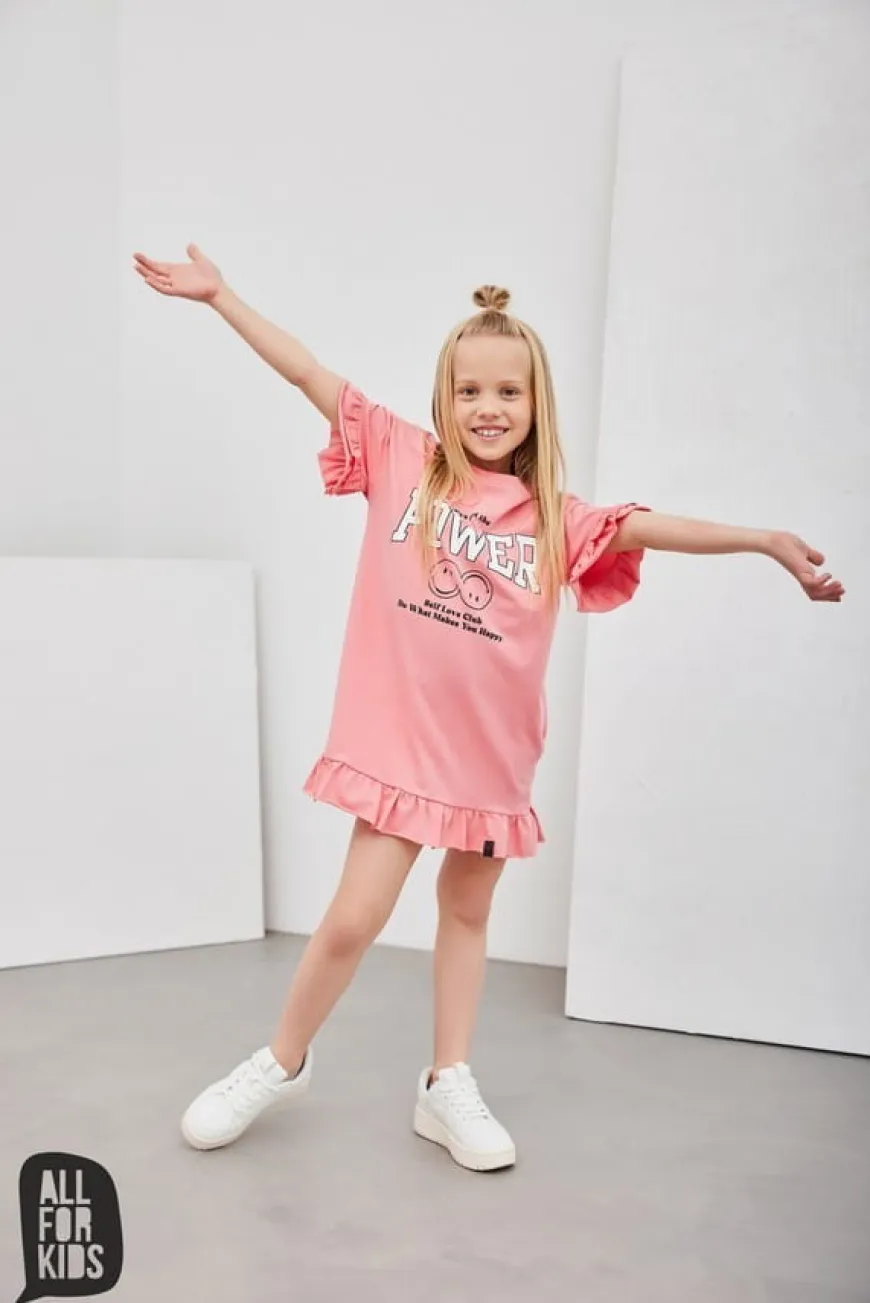 Letnia, koralowa sukienka dla dziewczynki z napisem "I've got the power" - All for Kids