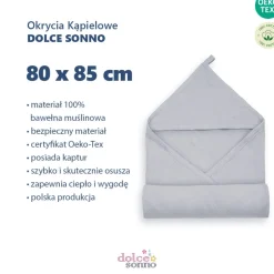 Muślinowe okrycie kąpielowe z kapturem 80x85 cm - Szare | Dolce Sonno