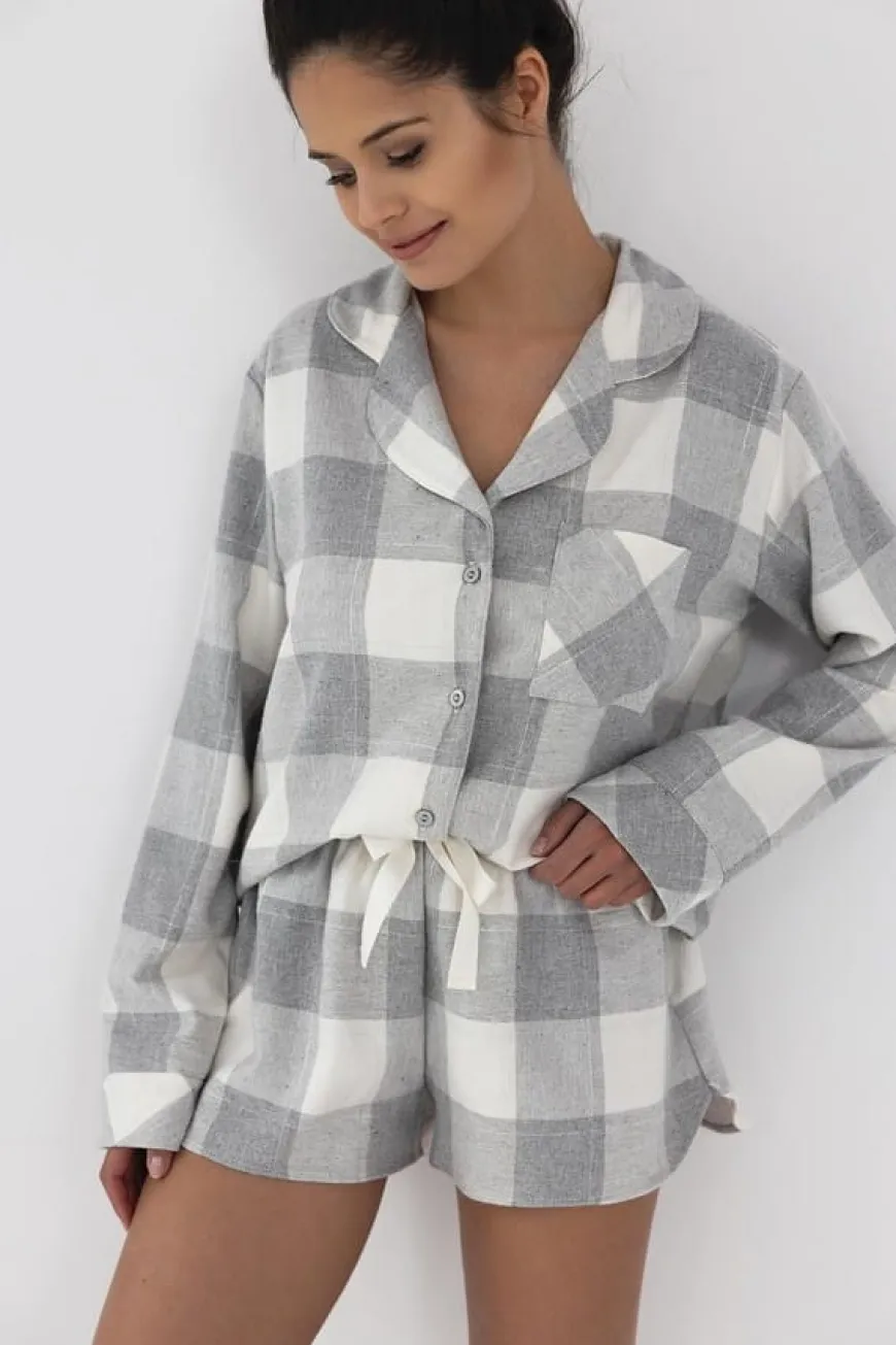 Piżama damska z kołnierzykiem w szaro-śmietankową kratkę Joanna - krótka | Sensis