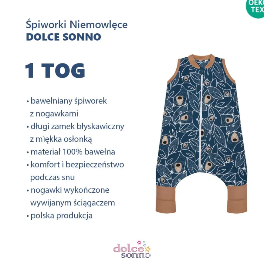 Śpiworek bawełniany z nogawkami Misie na liściach 1 TOG - Dolce Sonno