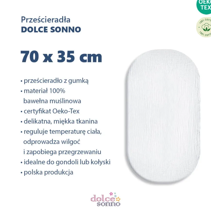 Prześcieradło muślinowe 75x35 cm do kołyski gondoli kosza Mojżesza | Biel - Dolce Sonno