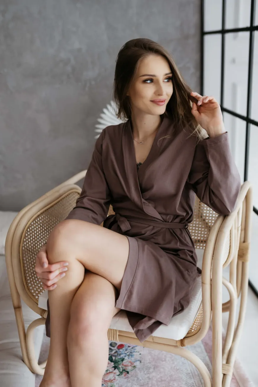 Szlafrok bawełniany z długim rękawem Ciara/ Taupe - Dolce Sonno