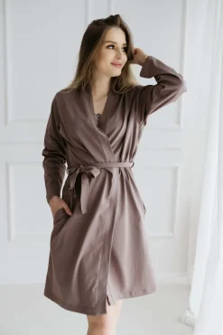 Szlafrok bawełniany z długim rękawem Ciara/ Taupe - Dolce Sonno