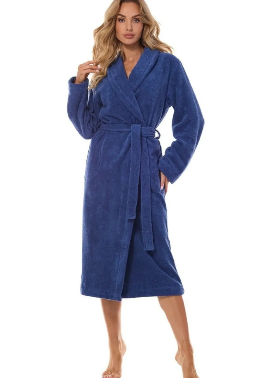 Szlafrok damski z bawełny frotte wiązany w pasie - Navy | L&L 2408
