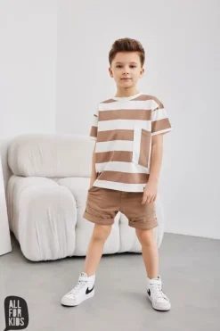 T-shirt chłopięcy w pasy beżowe - All for Kids