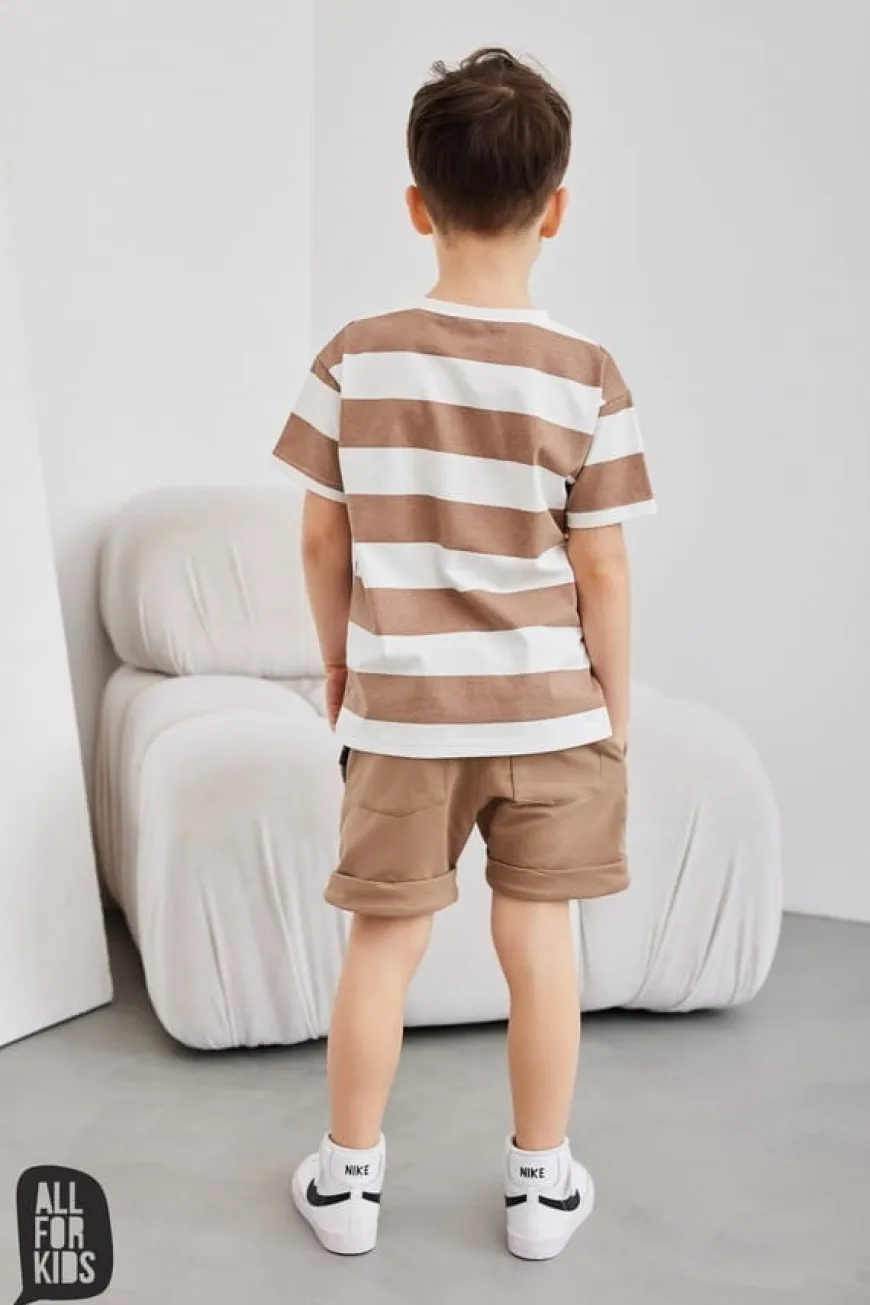T-shirt chłopięcy w pasy beżowe - All for Kids