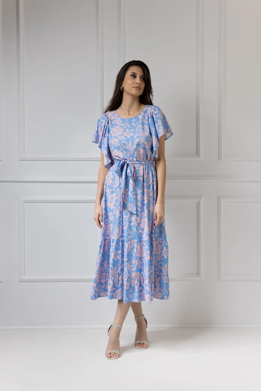 WUALAA Women - Sukienka damska midi SANVI Rustic Symphony Blue/Apricot