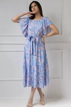 WUALAA Women - Sukienka damska midi SANVI Rustic Symphony Blue/Apricot